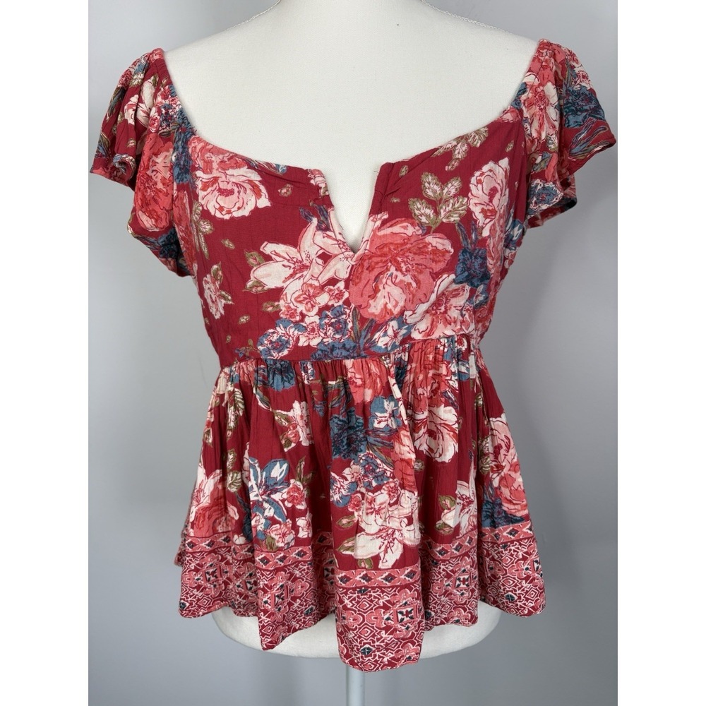 Angie Boho Smocked Babydoll Top Flowy Sz Sm Peasant Cottage Whimsy Floral